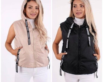Women's street wear, women's vest, padded vest with hood,