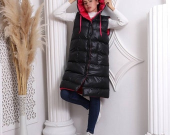Long padded puffer vest with hood, waterpoof jacket for women, puffetta, puffy, very long puffer gilet for women, puffer body warmer,