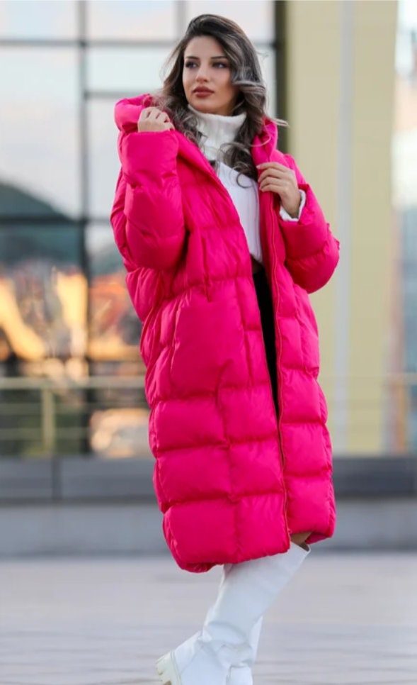 Women's Pink Puffer Jacket With Hoodie, Long Puffer Body Warmer, Puffer ...