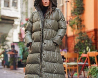 maxi down coat with hood