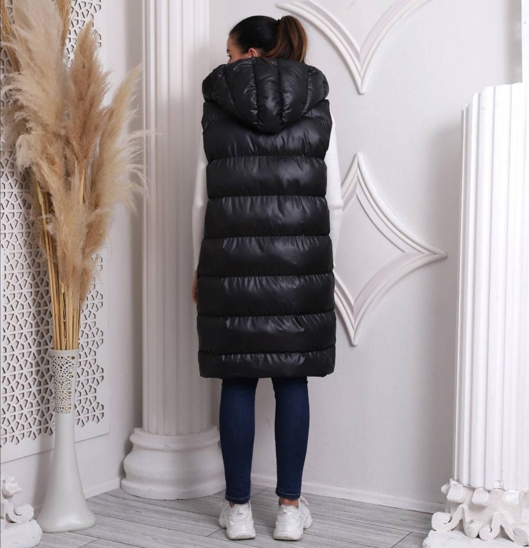 Long Padded Vest With Hood, Waterpoof Coat, Long Puffer Gilet for Women ...