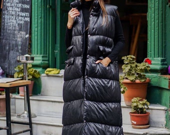 Women's puffer jacket, waterproof coat, Winter puffy body warmer, very long padded qouilted vest with hood,  long puffer gilet for women