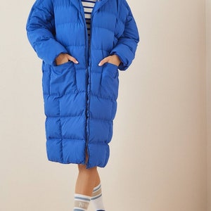 Oversize long blue puffer coat, very long padded puffer jacket, image 1
