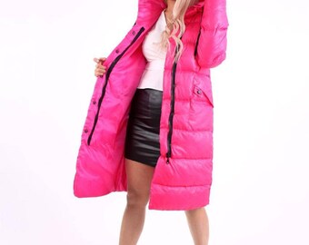 womens shiny puffer jacket with fur hood