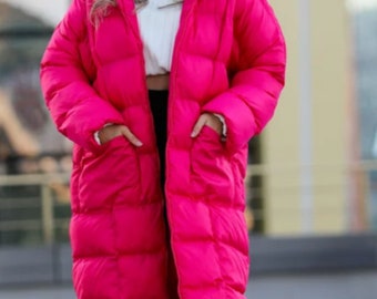 Women's Pink puffer jacket with hoodie, long puffer body warmer, puffer coat, long padded gilet, puffetta, puffy,