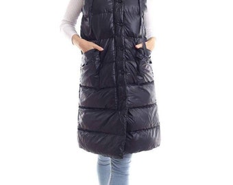 women's puffer coats, waterpoof jacket, vest, long puffer body warmer, sleveless long puffer coat with hoodies, long puffer gilet for women