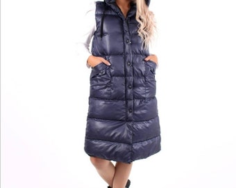 women's puffer jacket, long padded puffer coat, puffetta, puffy, waterpoof ladies long vest, long padded puffer vest with hood,