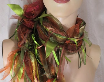 Accent Wrap Emerald Handmade OOAK Versatile Garland Scarf Ribbon Scarf Ribbonscarf Headwrap Festival Sash