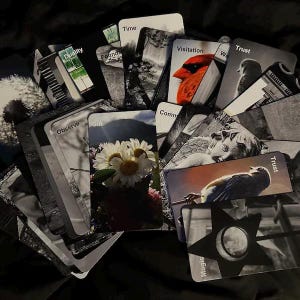 May include: A collection of oracle cards with various images and words. The cards feature illustrations of flowers, birds, and landscapes, with words like "Time," "Trust," and "Magic." The color palette is a mix of black, white, and vibrant colors.