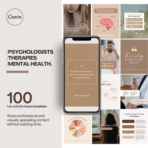 May include: A Canva template advertisement for mental health professionals. The image features a smartphone displaying a social media post about healthy relationships. Surrounding the phone are various graphics with text like "Self-care" and "Consider going to therapy."