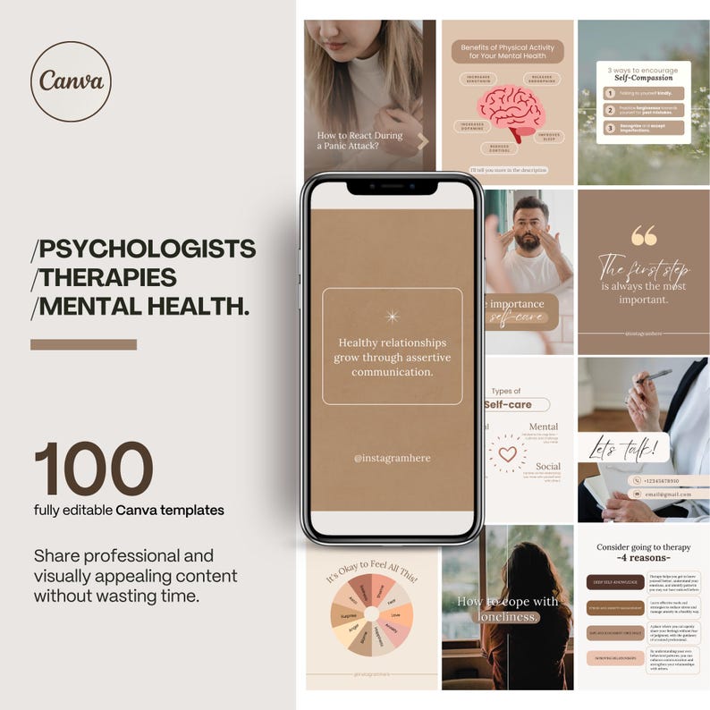 May include: A Canva template advertisement for mental health professionals. The image features a smartphone displaying a social media post about healthy relationships. Surrounding the phone are various graphics with text like "Self-care" and "Consider going to therapy."