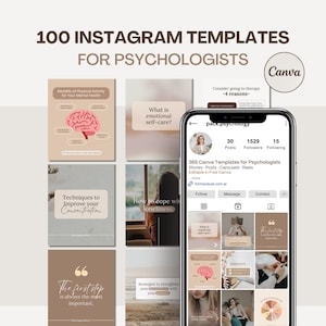 May include: A digital product advertisement for 100 Instagram templates for psychologists. The templates feature various mental health topics, including self-care, concentration, and relationships. The image includes a phone displaying an Instagram profile and Canva logo.