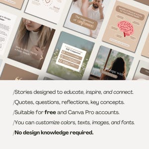 May include: A collection of beige and white social media templates with text about mental health, self-care, and panic attacks. The templates include graphics and the text "The importance of self-care" and "How to cope with loneliness."