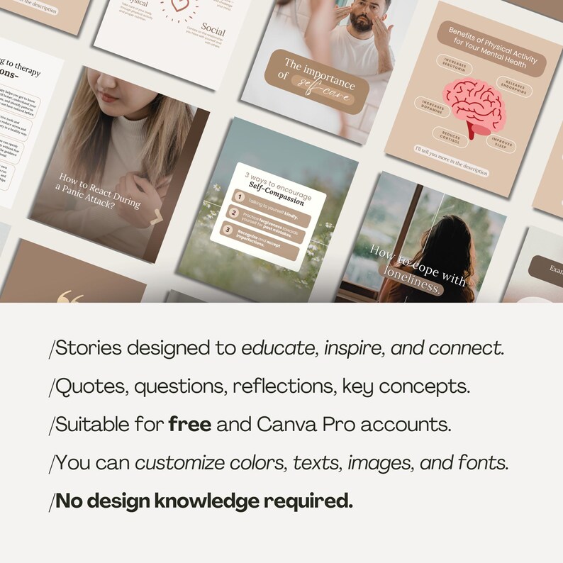 May include: A collection of beige and white social media templates with text about mental health, self-care, and panic attacks. The templates include graphics and the text "The importance of self-care" and "How to cope with loneliness."