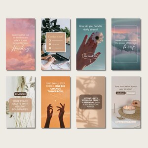 May include: A collection of eight vertical social media posts with pastel backgrounds. The posts feature text about healing, boundaries, stress, and self-care. One post shows a hand holding a flower, and another shows a laptop.