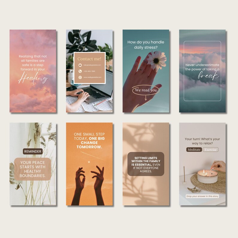 May include: A collection of eight vertical social media posts with pastel backgrounds. The posts feature text about healing, boundaries, stress, and self-care. One post shows a hand holding a flower, and another shows a laptop.