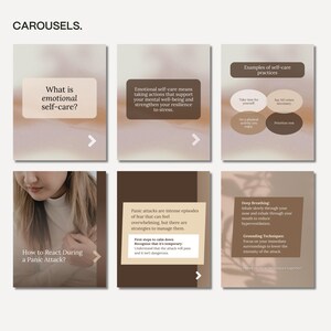 May include: A carousel of six slides with text on emotional self-care and panic attack management. The slides feature text on a neutral background with a woman's image. The slides include text such as "What is emotional self-care?" and "How to React During a Panic Attack?"