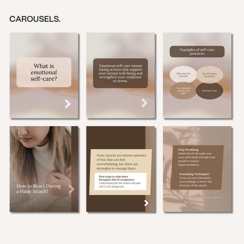 May include: A carousel of six slides with text on emotional self-care and panic attack management. The slides feature text on a neutral background with a woman's image. The slides include text such as "What is emotional self-care?" and "How to React During a Panic Attack?"