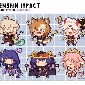 May include: Six 2-inch glossy stickers featuring chibi-style characters from the video game Genshin Impact. The characters are from the Inazuma region and include a blonde character with a green scarf, a brown-haired character with a fox tail, a white-haired character with a red horn, a purple-haired character with a blue and purple outfit, a character with a red and black outfit and a large hat, and a pink-haired character with a yellow headband.