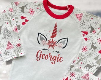 Personalised Embroidered Christmas Childrens Pyjamas and Rompersuits with a Super Cute Unicorn Xmas Designs