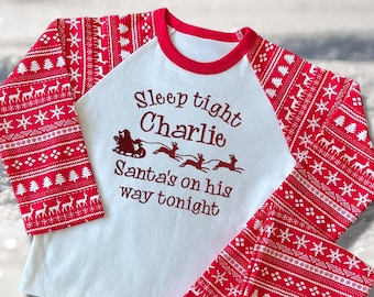 Personalised Embroidered Christmas Childrens Pyjamas and Rompersuits. Santa and His Sleigh. 'Santa's on his way'. A Perfect Christmas Gift