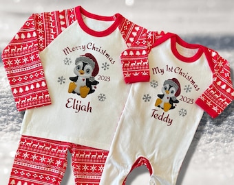 Personalised Embroidered Christmas Childrens Pyjamas and Rompersuits with a Cute Glittery Penguin Saying Merry Christmas or My 1st Christmas