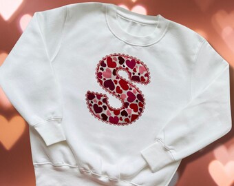 Embroidered Children's Valentine's Shirt. Monogram Initial Using a Cute Heart Design Fabric Surrounded with a Lace Effect Embroidered Border