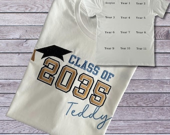 Class of 20xx handprint t-shirt embroidered and personalised with name on the front and the years on back. Reception to graduation keepsake.