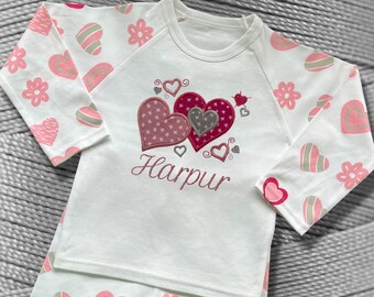 Childrens Personalised Embroidered Pyjamas and Sleepsuits. Cute Hearts Applique Design with the Child's Name.  Perfect Gift.