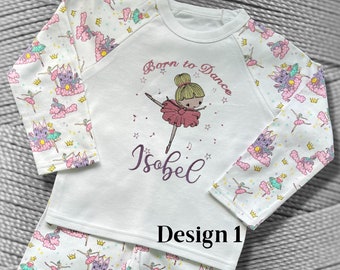 Childrens Personalised Embroidered Pyjamas. Cute Ballerina with Child's Name Embroidered on Pj's Printed with Magical Castles and Ballerinas