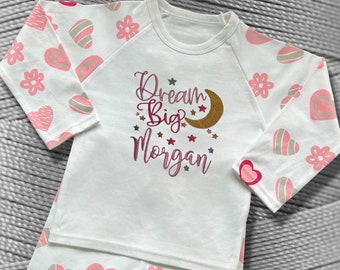 Childrens Personalised Embroidered Pyjamas and Sleepsuits. Cute Design Saying 'Dream Big' and the Child's Name.  Perfect Gift.