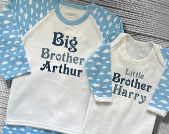 Childrens Personalised Embroidered Pyjamas and Sleepsuits. Embroidered Design Big, Middle or Little Sister or Brother and the Childs Name.