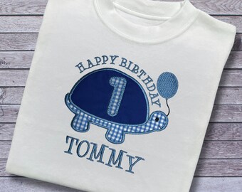 Personalised Embroidered Children's Birthday Top. Cute Applique Embroidered Turtle Personalised with Age and Name Perfect Birthday Outfit