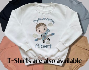 Personalised Embroidered Children's 1st Holiday Top. Wording and Colours Can be Changed to Your Preference. Cute Boy Flying an Aeroplane.