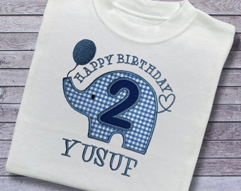 Personalised Embroidered Children's Birthday Top. Cute Applique Embroidered Elephant Personalised with Age and Name Perfect Birthday Outfit