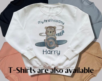 Personalised Embroidered Children's 1st Holiday Top. Wording and Colours Can be Changed to Your Preference. Cute Bear Flying an Aeroplane.