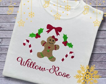 Personalised Embroidered Childrens Christmas Top. Cute Gingerbread Design. Choice of Garment