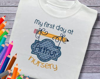 Personalised Embroidered Children's First Day at Nursery Top: Gingham Design