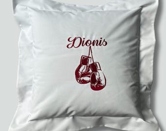 Personalised Embroidered Cushion Pillow with a Boxing Gloves Design. Perfect Gift for a New Baby or for Someone Special.