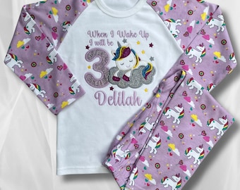 Childrens Embroidered Birthday Pyjamas. Unicorn Design With the Words 'When I Wake Up I'll Be..' Perfect for the Night Before Their Birthday