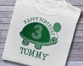Personalised Embroidered Children's Birthday Top. Cute Applique Embroidered Turtle Personalised with Age and Name Perfect Birthday Outfit