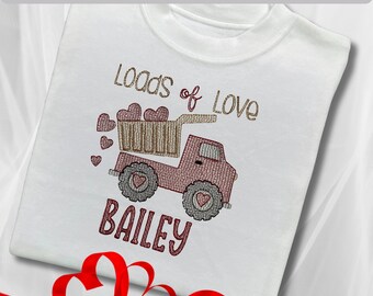Embroidered Children's Valentine's Shirt. Truck Design Personalised with Child's Name.