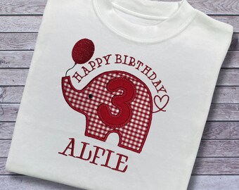 Personalised Embroidered Children's Birthday Top. Cute Applique Embroidered Elephant Personalised with Age and Name Perfect Birthday Outfit