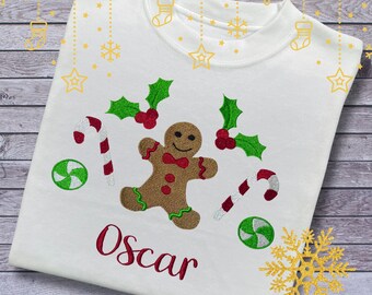 Personalised Embroidered Childrens Christmas Top. Cute Gingerbread Design. Choice of Garment