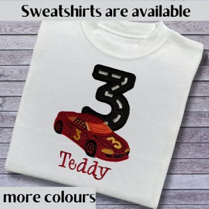 Personalised Embroidered Childrens Racing Car Birthday tee or sweatshirt in a choice of colours Personalised with Age and Name. Perfect Gift