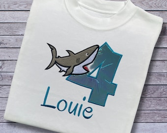 Personalised Embroidered Children's Birthday Top. Cute Applique Embroidered Shark Personalised with Age and Name Perfect Birthday Outfit