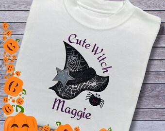 Personalised Embroidered Children's Halloween Top: Witch's Hat Design.
