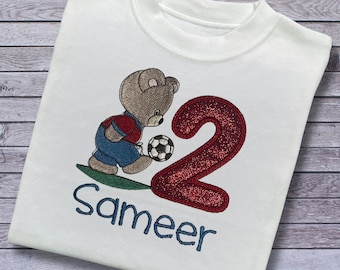 Personalised Embroidered Children's Birthday Top. Cute Embroidered Teddy Bear Kicking a Football. Personalised with Age and Name.
