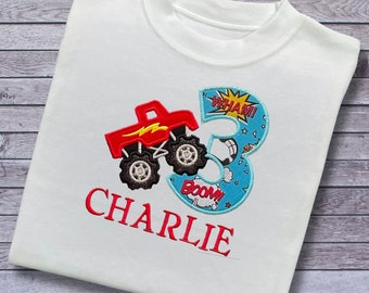 Personalised Embroidered Children's Birthday Top. Cute Monster Truck Design Personalised with Age and Name Perfect Birthday Outfit
