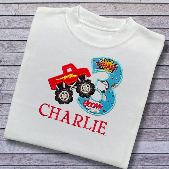Personalised Embroidered Children's Birthday Top. Cute Monster Truck Design Personalised with Age and Name Perfect Birthday Outfit
